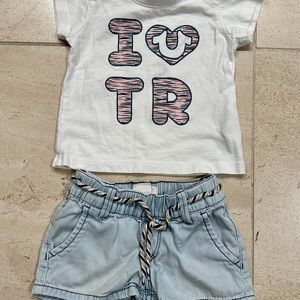 Girls Roxy denim shorts 2T & True Religion tshirt 18m
